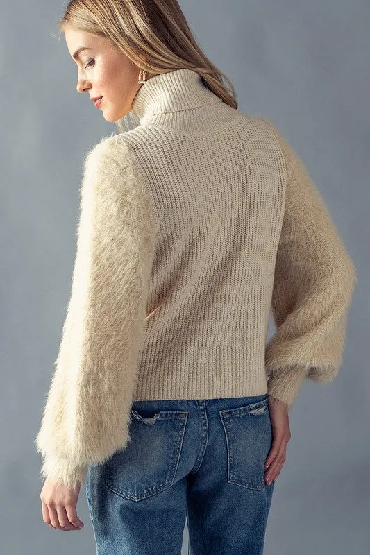 Turtleneck sweater - Contrast fur puff sleeves