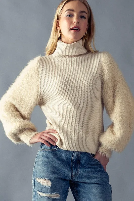 Turtleneck sweater - Contrast fur puff sleeves