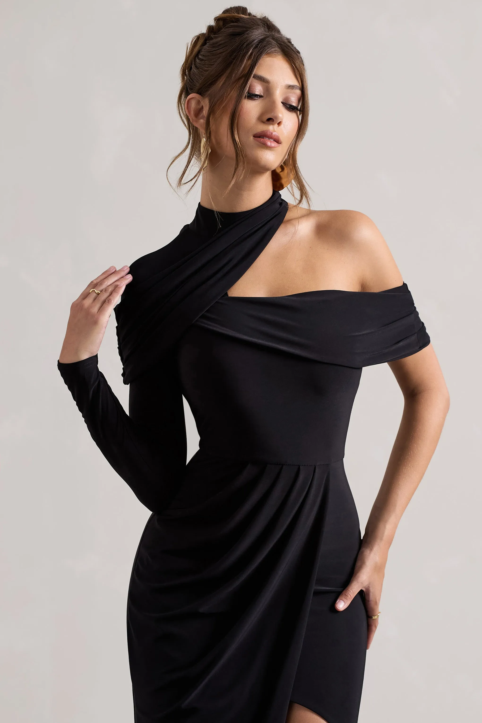 Tyla | Black Asymmetric High-Neck Split Maxi Dress