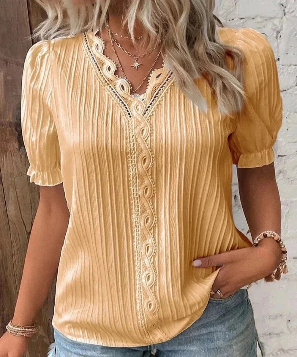 V-Neck Hollow Short Sleeve Splice Loose Street Blouse