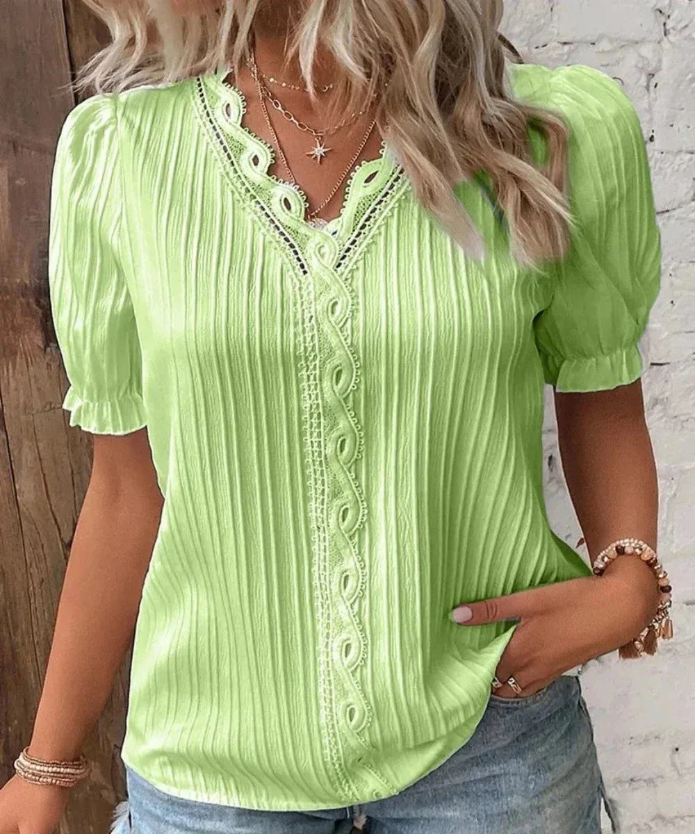 V-Neck Hollow Short Sleeve Splice Loose Street Blouse