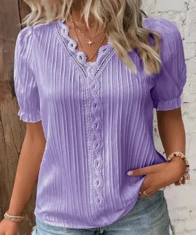 V-Neck Hollow Short Sleeve Splice Loose Street Blouse