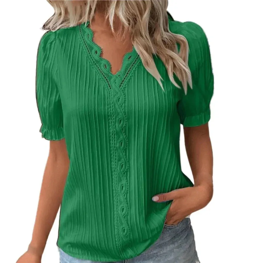 V-Neck Hollow Short Sleeve Splice Loose Street Blouse