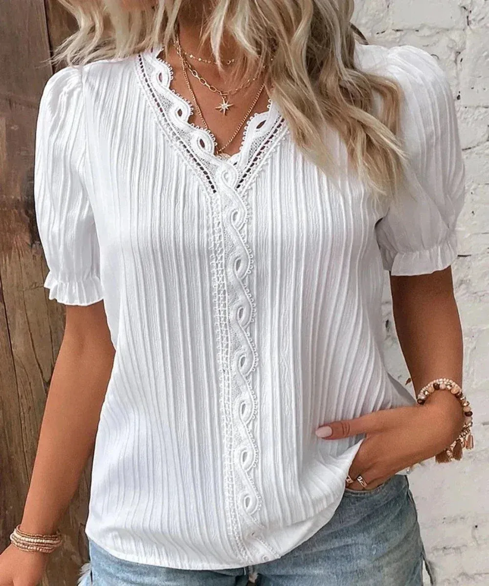 V-Neck Hollow Short Sleeve Splice Loose Street Blouse