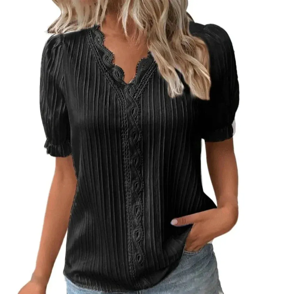 V-Neck Hollow Short Sleeve Splice Loose Street Blouse