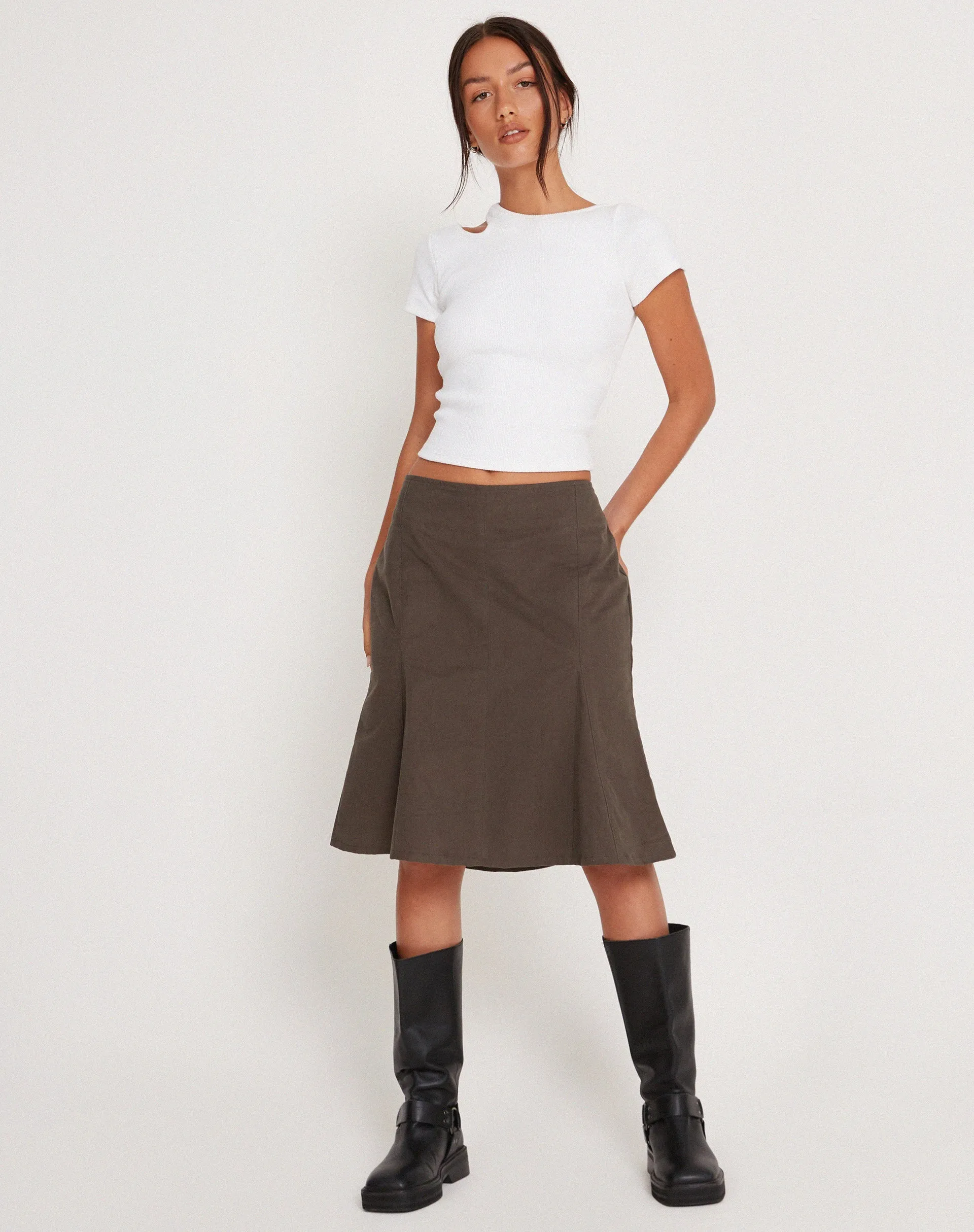 Vieve Low Rise Midi Skirt in Dark Grey