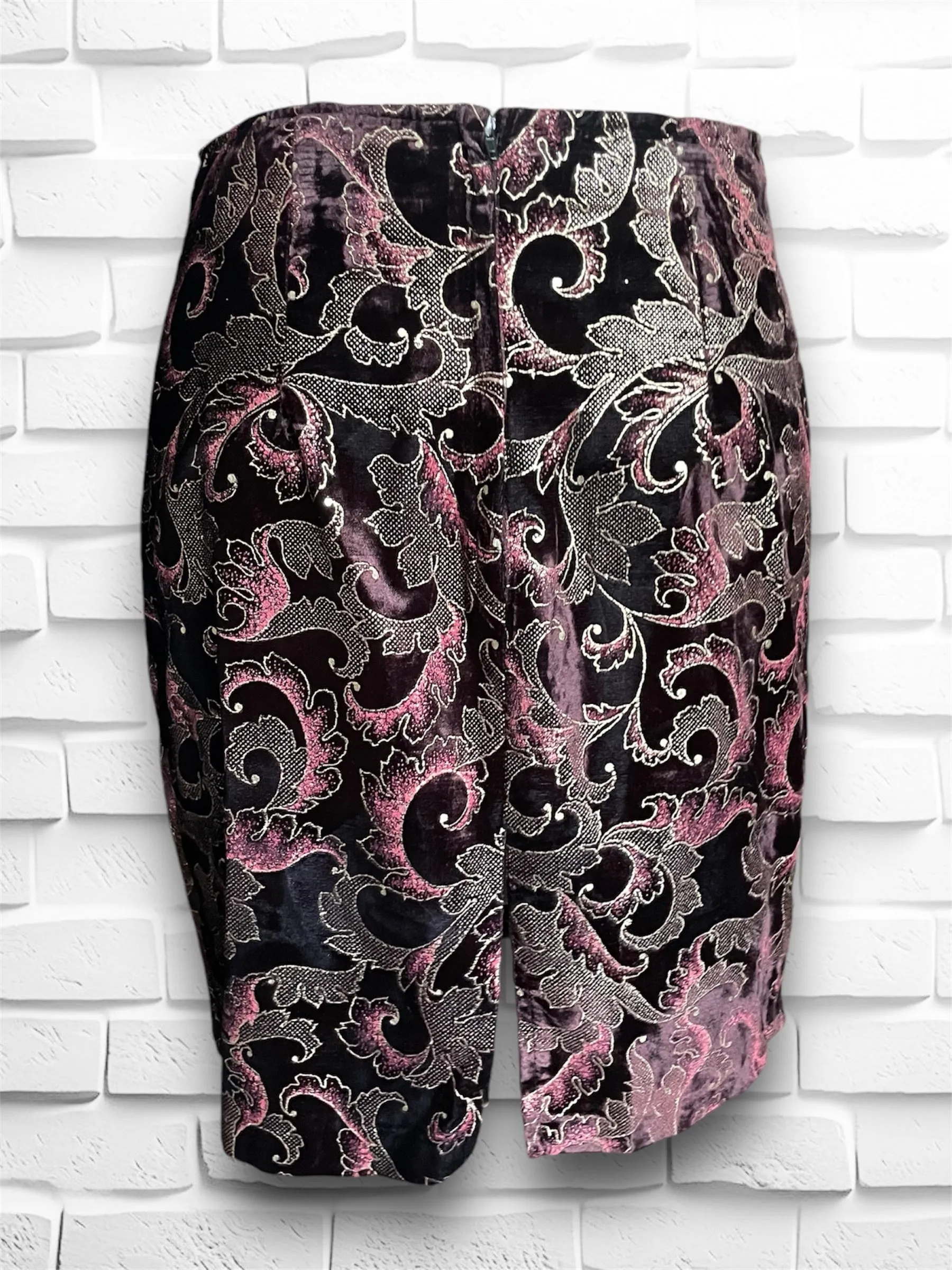 Vintage 1990’s Maroon Velvet & Metallic Gold & Magenta Paisley Mini Pencil Skirt