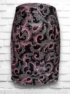 Vintage 1990’s Maroon Velvet & Metallic Gold & Magenta Paisley Mini Pencil Skirt