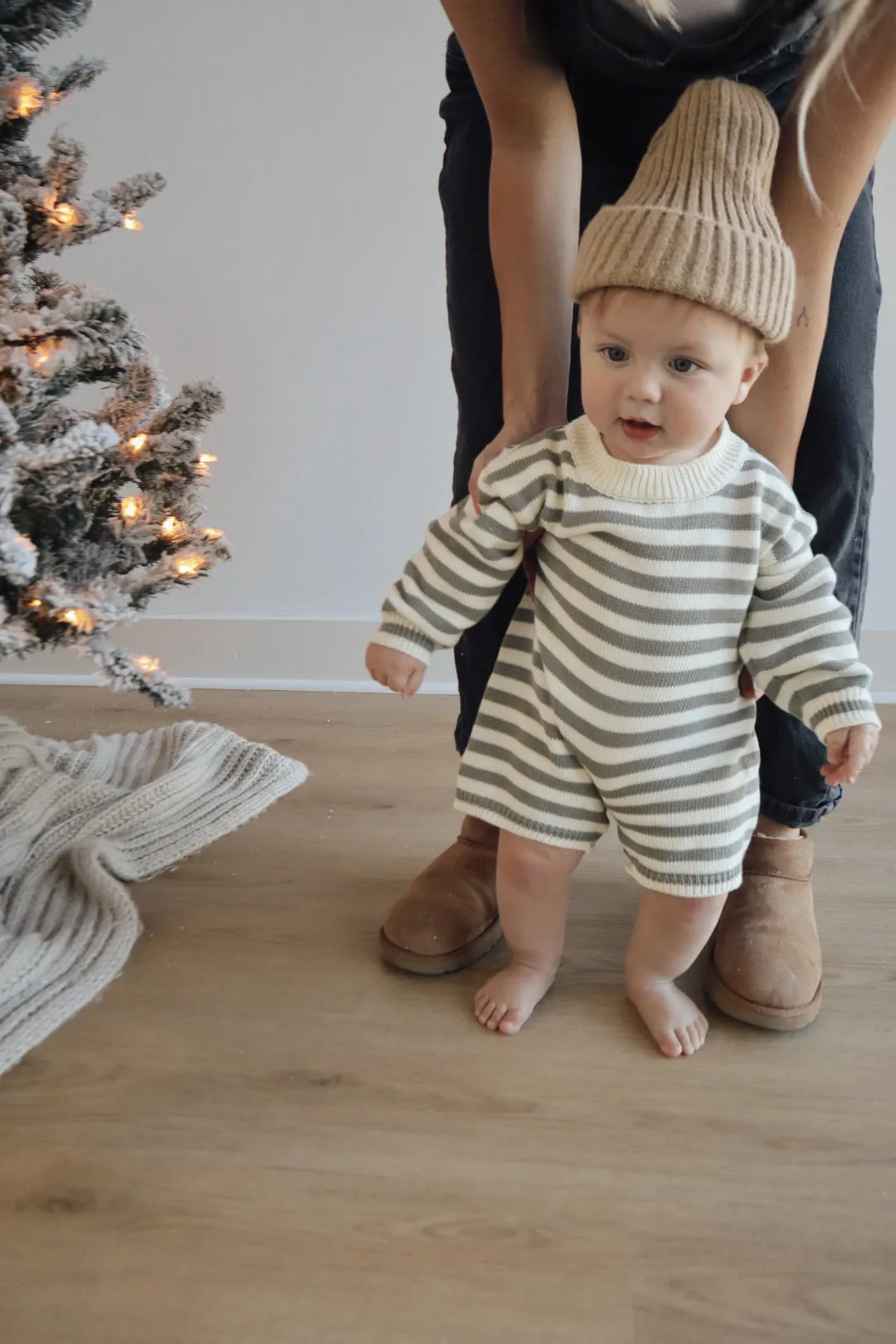 Wallis Knit Romper in Greyish Green Stripes