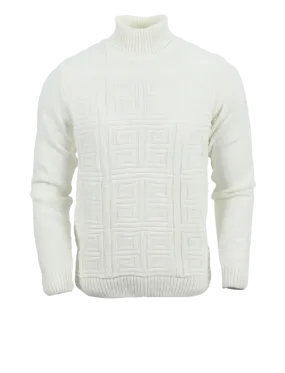 White Men's Greek Key Turtleneck Sweaters Light Blend Slim Fit