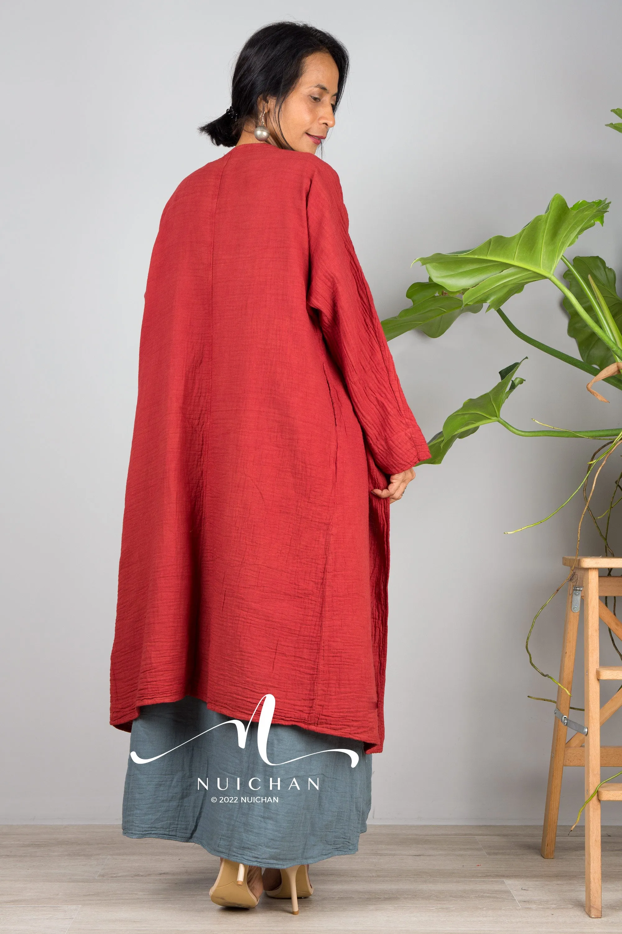 Wine red Cotton open front cardigan