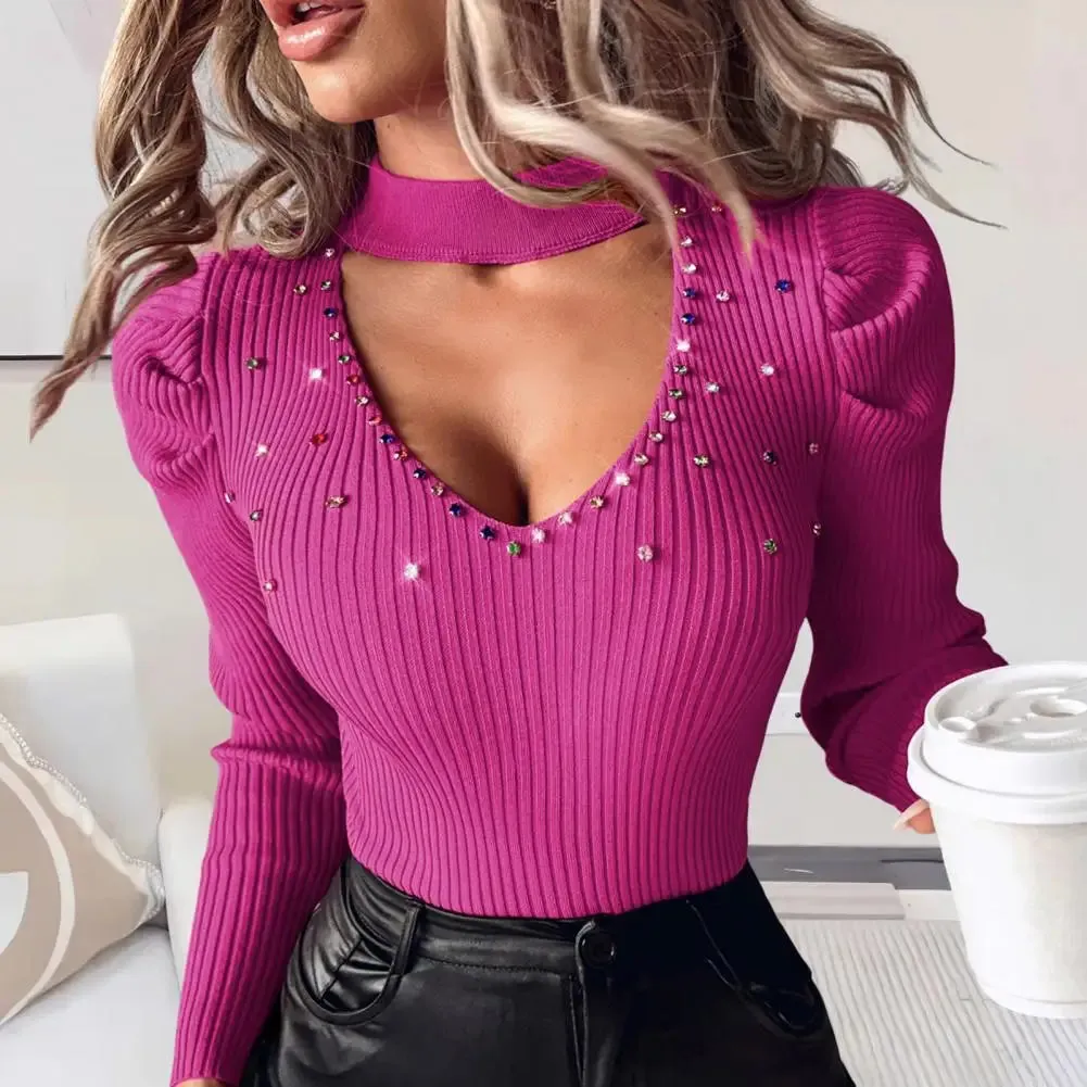 Women Hollow Out V-Neck Tops Studded Rhinestones Slim Fit Knit Blouse