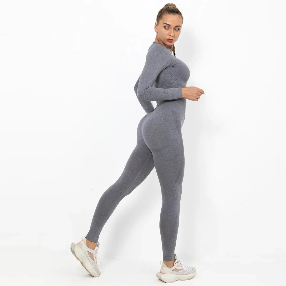 Women Seamless Long Sleeve Top And Leggings Set Yoga Workout Suit