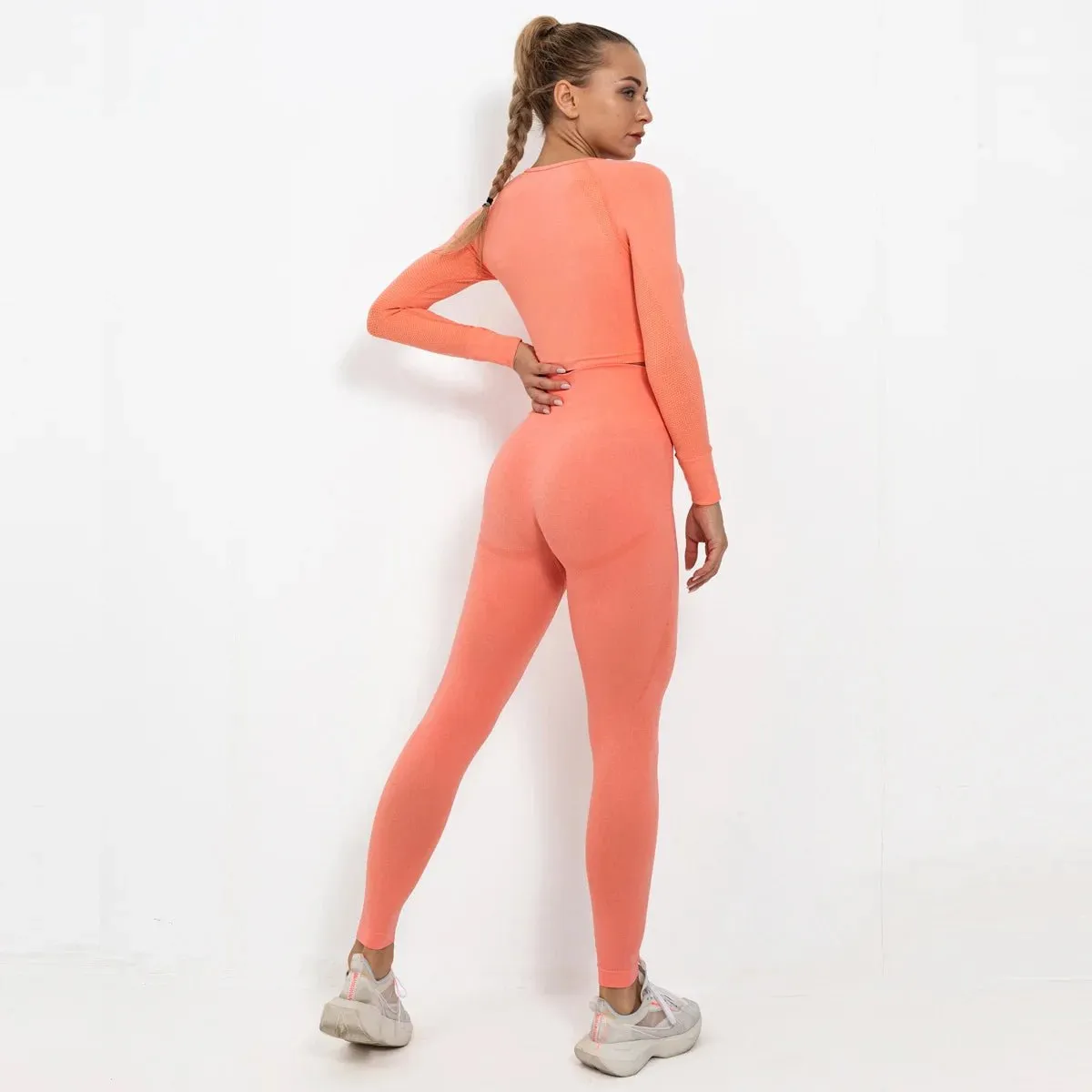 Women Seamless Long Sleeve Top And Leggings Set Yoga Workout Suit