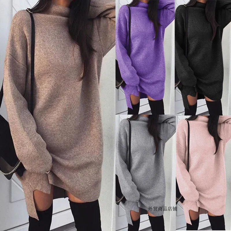 Women Winter Knitted Dress Loose Turtleneck Long Blouse