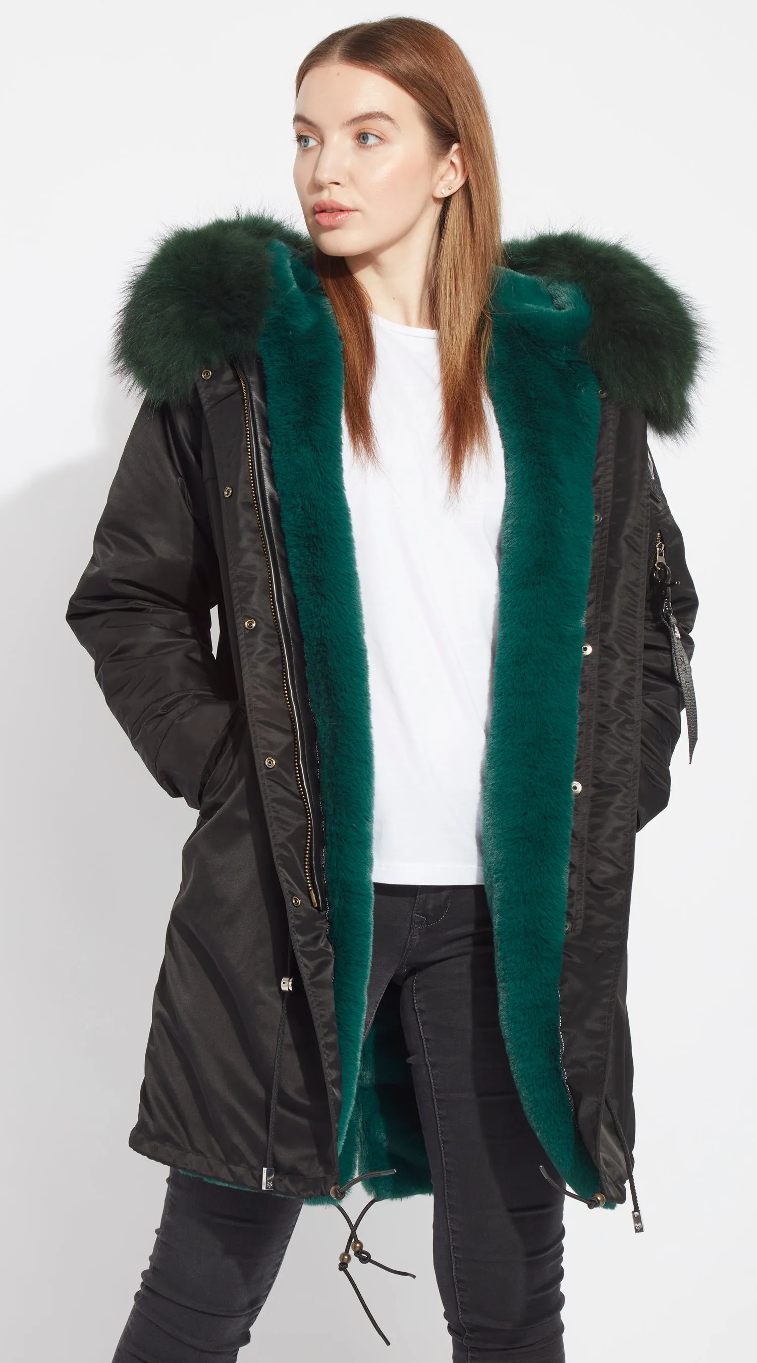 Womens Black Water-Repellent Luxy Fur Parka - 3/4 Emerald Green