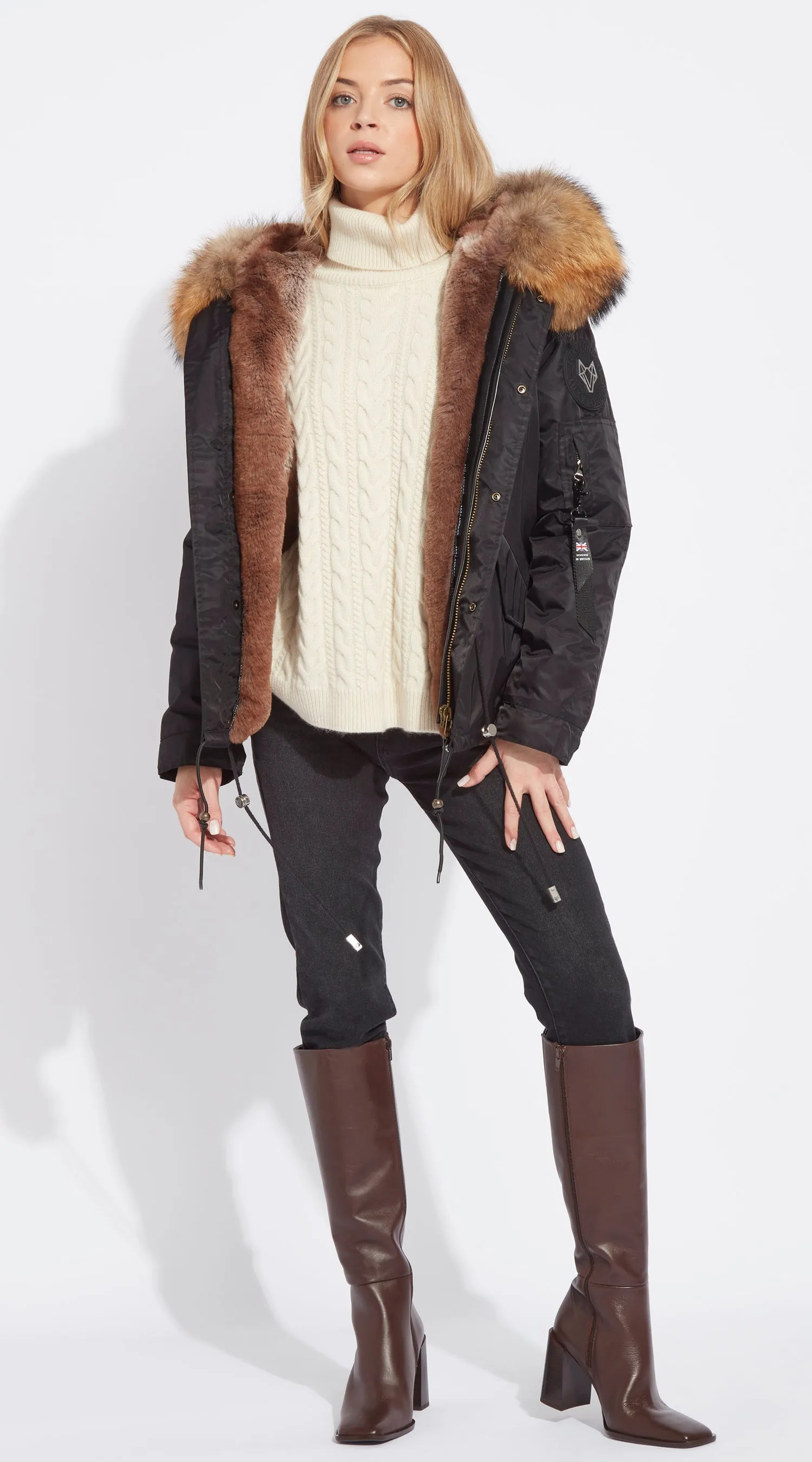 Womens Black Water-Repellent Luxy Fur Parka - Natural