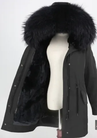 Women's Fur Lined Waterproof Long Parka in Black