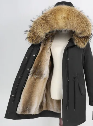 Women's Fur Lined Waterproof Long Parka in Black