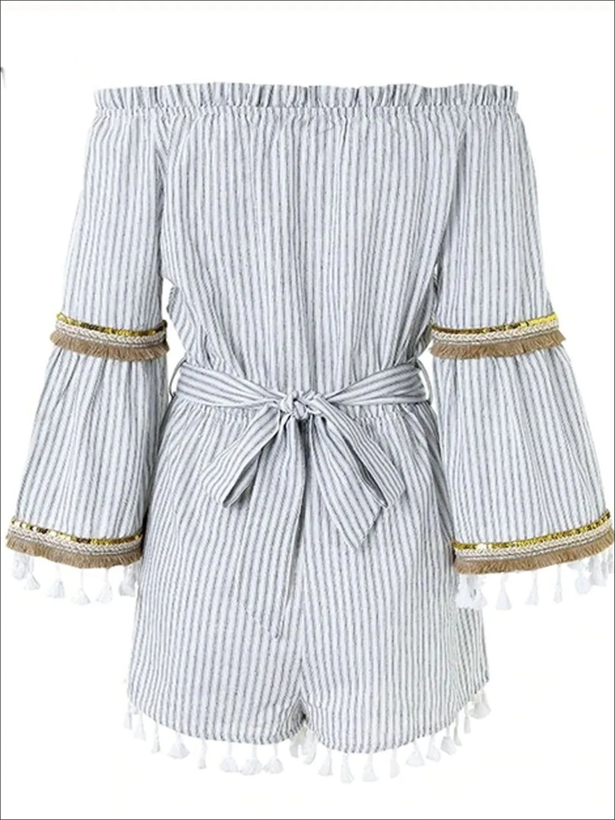 Women's Off The Shoulder Tassel Hem Striped Romper