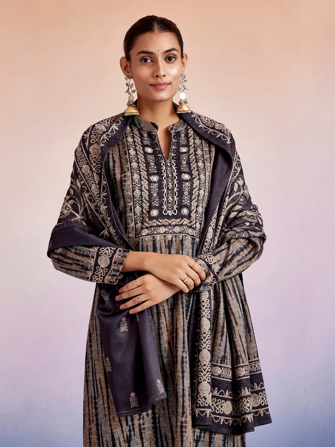 Woolen Printed Kurta Set With Dupatta