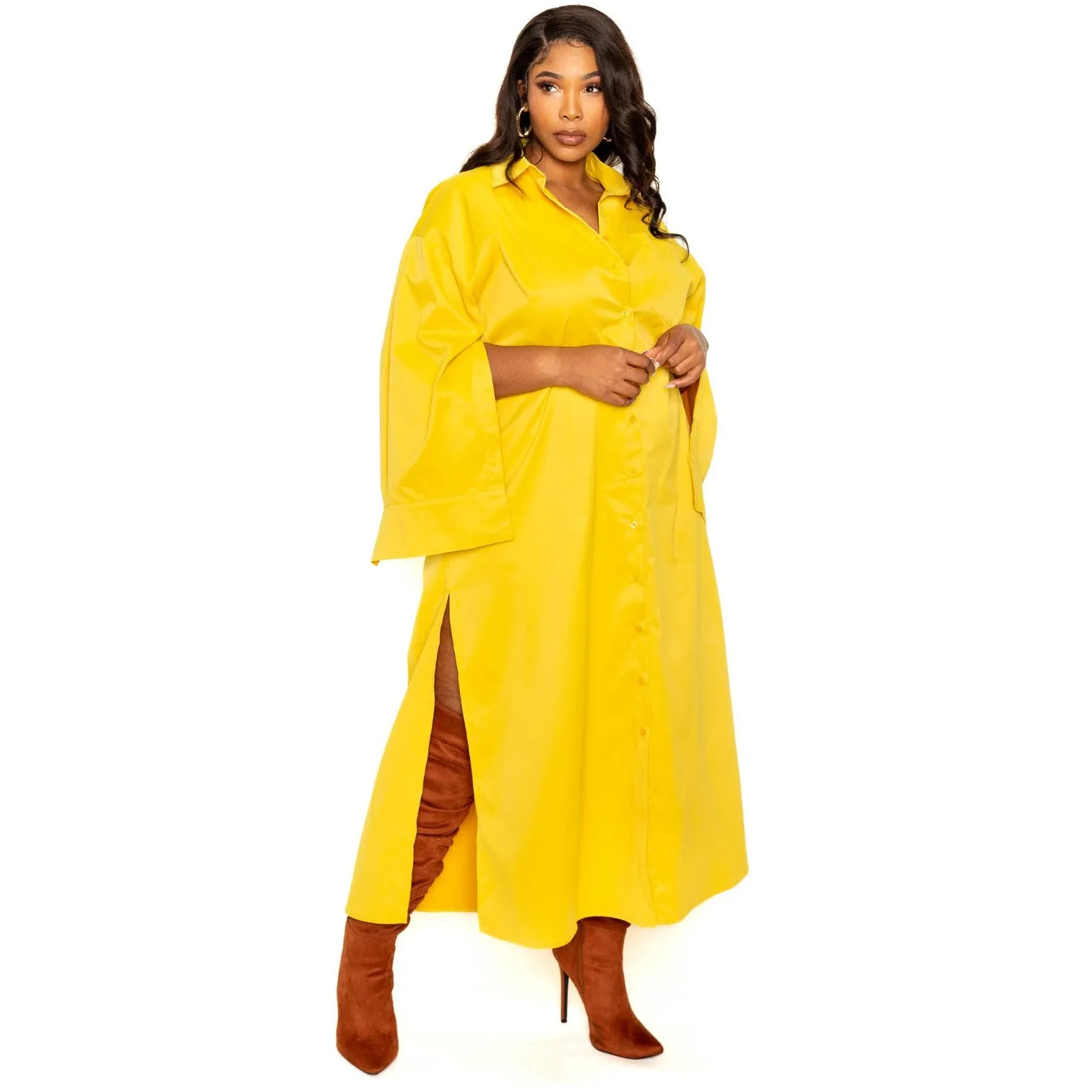 Yellow Plus-size Cape Sleeve Shirt Dress