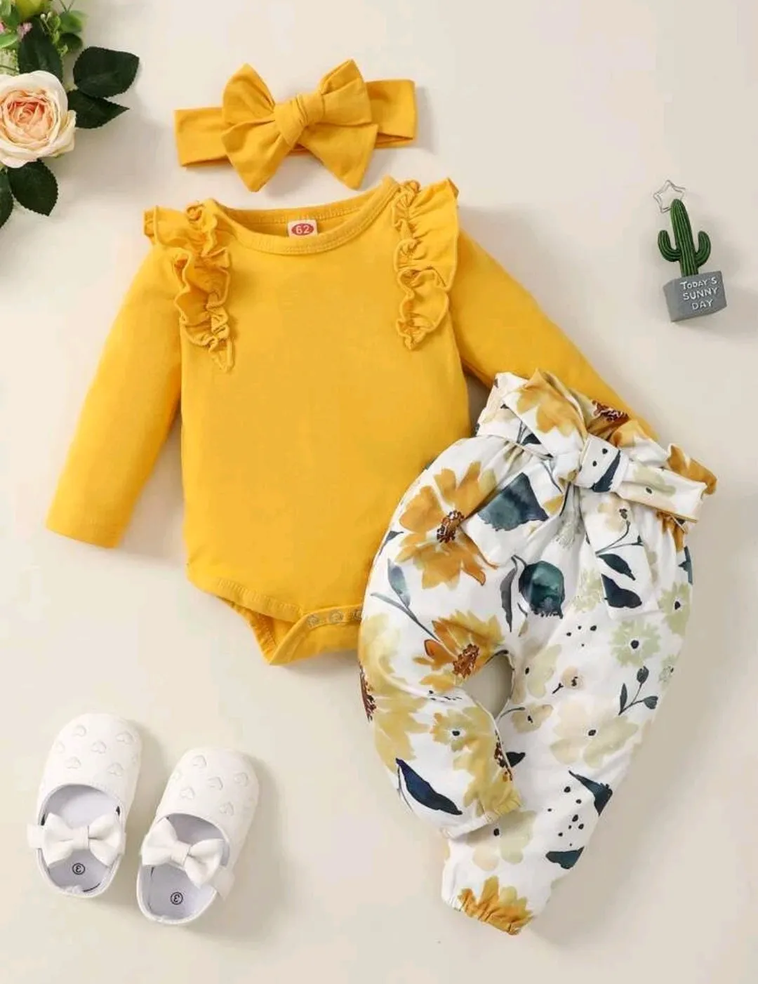 Yellow Ruffle Romper with Floral Bowknot Pants and Headband #1000978